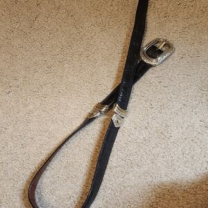 Vintage Black Brown Reversible Leather Belt with Silver Buckle